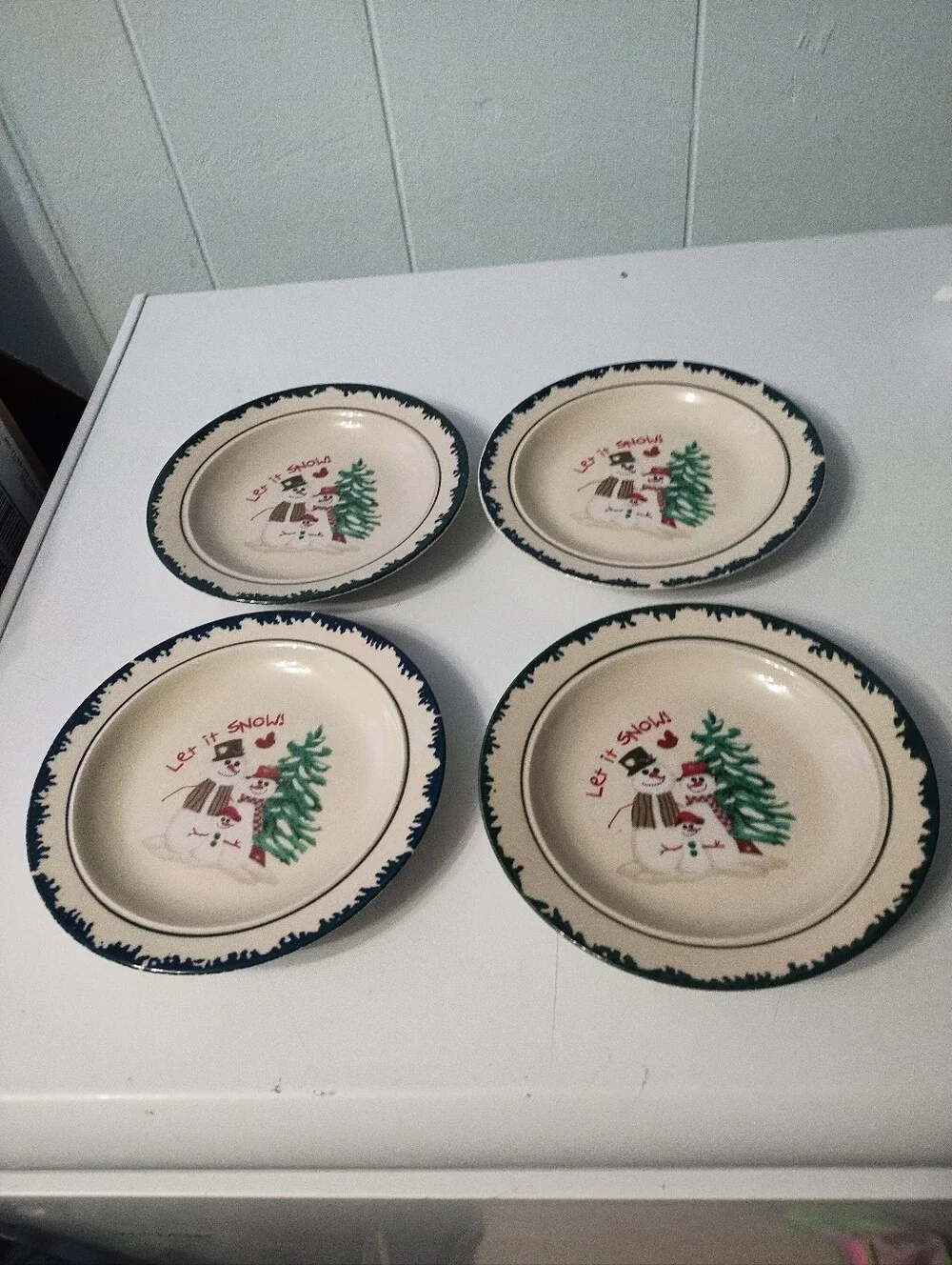 (4) Atico 1998 Holiday Snowman Dessert Plates - Green Trim (Set of 4)